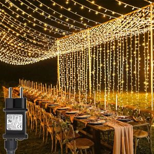 Rideau Lumineux 6m x 3m 600 LED Guirlande Lumineuse Mariage avec Transformateur, Timer, 8 Modes Étanche Rideau Lumineux Noël pour Pergola Jardin Extérieur Interieur Décorations - Blanc Chaud - Neuf