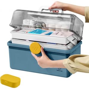 Bo&icirc;te &agrave; Pharmacie &agrave; 3 Niveaux Bo&icirc;te de Rangement Portable Bo&icirc;te de Premiers Secours Bo&icirc;te &agrave; M&eacute;dicaments Grande Armoire &agrave; Pharmacie avec poign&eacute;e de Transport pour m&eacute;decine Domestique, Bleu - Neuf