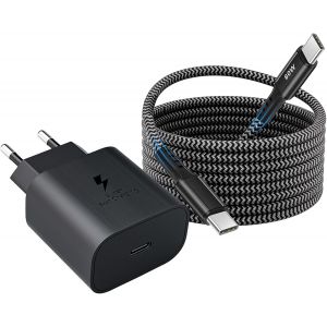 Chargeur Pour Samsung Charge Rapide, 25w Usb C Chargeur Ultra Rapide Et 2m Nylon Cable Type C Pour Samsung Galaxy A72 A55 A54 A53 A40 A34 A33 A25 A15 A14 A13, S25 S24 S23 S22 S21 S20 Fe/Plus/Ultra - Neuf