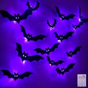 Trahoo-Lot De 20 Autocollants Muraux Chauve-Souris Pour Halloween - 6 M - 20 Led - Violet - Guirlande Lumineuse Avec Minuterie - D&eacute;coration Murale - Neuf