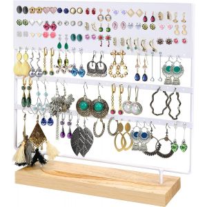 Présentoir Boucles Doreilles En Métal Blanc Avec Base En Bois - 144 Trous, 3 Niveaux - Porte Boucles Doreilles Pendantes, À Clous & Colliers Pour Femmes & Filles - Neuf