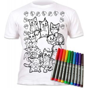 KALANKA-Tee-Shirt Chat à colorier avec 10 stylos Magiques lavables Non Toxiques ¿ Coloriez Votre Propre T-Shirt à colorier et à Laver - Neuf