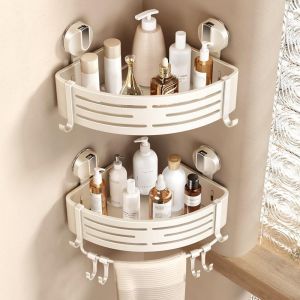 Etagere Douche Angle Ventouse, 2 PièCes Etagere Angle Salle De Bain Sans Percage avec Porte Serviettes et Crochets Rangement et Organisation de La Salle de Bain Support Gel Douche(Blanc) - Neuf