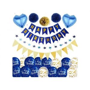 Kit D&eacute;coration Anniversaire Bleu et Or - Ensemble Complet avec Banni&egrave;res Guirlandes &Eacute;toiles et Ballons Confettis pour F&ecirc;te Enfant - Neuf
