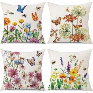 Cauc-Lot De 4 Housses De Coussin D&eacute;coratives Carr&eacute;es En Lin Avec Fleurs Et Papillons Color&eacute;s Pour Salon, Canap&eacute;, Lit, 45 X 45 Cm - Neuf