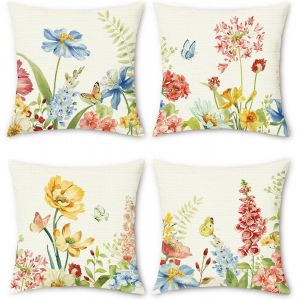 CAUC-Housse de Coussin Fleurs 45 x 45 cm Fleur de Jardin Polyester Lin D&eacute;coratif Taie d'oreiller pour Canap&eacute; Salon Chambre Chaise Jardin Maison D&eacute;coration 4 Pi&egrave;ces - Neuf