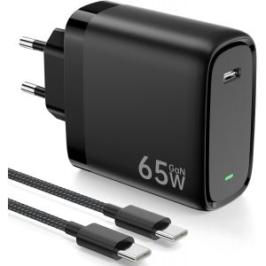 Chargeur USB C 65W avec Technologie PD3.0 et GaN II Chargeur Rapide USB C PPS avec C&acirc;ble Type C 2M Compatible pour iPhone 16/15/Pad Pro/Air, pour Galaxy S24/23/S22, pour MacBook Pro/Air, etc - Noir - Neuf