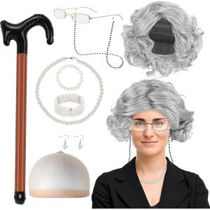 9 Pi&egrave;ces Deguisement Grand Mere, Deguisement Mamie Avec Bonnet Perruque, Collier De Perles, Boucles D'oreilles, Bracelet, Canne Gonflable Et Lunettes Avec Cha&icirc;ne, Perruque Vieille Dame - Neuf