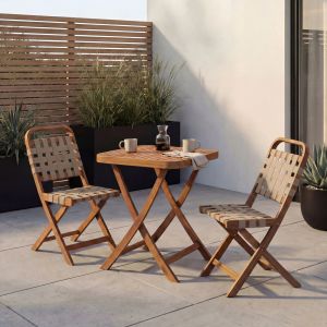 Ensemble De Jardin Hwc-P70, Ensemble De Si&egrave;ges Ensemble De Balcon 2 Chaises, Table, Tressage En Corde, Bois D'acacia PliableNaturel, Cr&egrave;me - Neuf