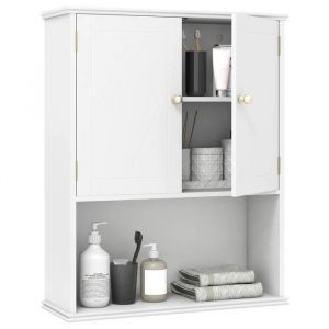 COSTWAY Meuble Mural Salle de Bain avec 2 Portes, &Eacute;tag&egrave;re R&eacute;glable, Compartiment Ouvert, pour Toilette, Buanderie, Salon, Blanc - Neuf