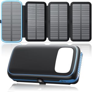 Chargeur Solaire Power Bank 27000mah U2013 Batterie Externe Avec 3 Sorties Usb, Charge Rapide 15w, Lampe Torche Lumineuse Intégrée Et 4 Panneaux Solaires Pour Smartphones Tablettes (Bleu) - Neuf