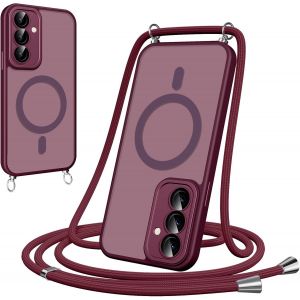 Maa-Coque Magnétique Pour Samsung Galaxy S23 Avec Cordon, [Compatible Avec Magsafe] Etui Translucide Mat Arrière Anti-Jaunissement Antichoc Réglable Téléphone Portable Lanyard Case, Rouge - Neuf