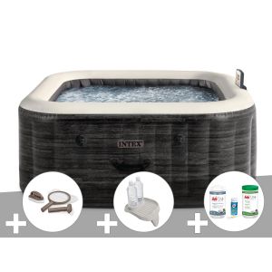 Kit spa gonflable Intex PureSpa Ardoise carr&eacute; Bulles 4 places + Kit d'entretien + Porte-verre + Kit de traitement brome - Neuf