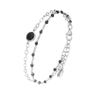 Bracelet En Argent Rhodi&eacute; Double Chaine Pierres Naturelles Noires - Neuf