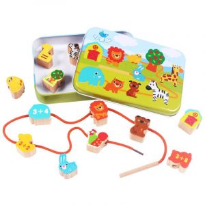 Enfants en bois légumes fruits animaux chariot parent-enfant jeux de corde à enfiler puzzle boîte en fer perles jouets de rangement - Neuf