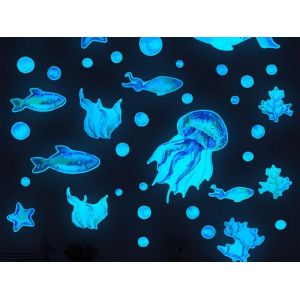 Autocollants muraux lumineux poissons et fleurs de l'oc&eacute;an - Lot de 4 - Neuf