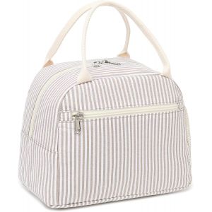 Boîte à déjeuner isolée pour femmes sac à déjeuner en velours côtelé sac à main étanche glacière thermique sac à déjeuner grande capacité (rayures kaki).[G1136] - Neuf