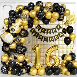 Décorations pour 16e Anniversaire,Kit Arche Ballons Noir Doré avec Foil Numéro 16,Imprimés,Bannière Joyeux Anniversaire pour Garçons et Filles,Fête Homme Femme - Neuf