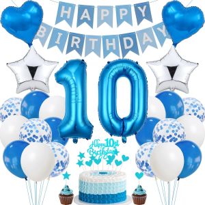 Cauc-Décoration D'anniversaire 10e Anniversaire, Décoration De Gâteau Bleu Anniversaire 10 Ans Garçon, Décoration De Fête Argentée, 10e Anniversaire Fille Garçon, Décoration De Gâteau 10e Anniversair - Neuf
