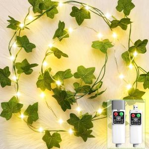 TRAHOO-Guirlande lumineuse d'int&eacute;rieur - 2 m - 20 LED - Lierre artificiel - Minuterie - 8 modes - &Eacute;tanche - Piles - Pour chambre &agrave; coucher, mariage, f&ecirc;te, balcon (blanc chaud) - Neuf