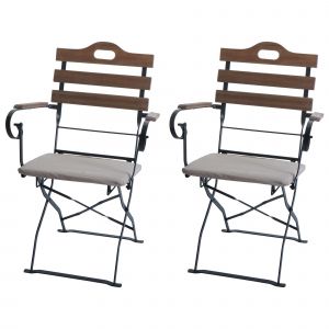 Lot De 2 Chaises De Terrasse Hwc-J40, Chaise Pliante, Qualit&eacute; Restauration, AcaciaMarron Clair, Rembourrage Beige - Neuf