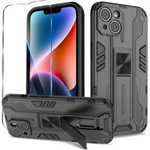 Kal-Coque Pour Iphone 14 Avec Verre Trempé, Outdoor Antichoc De Qualité Militaire Coque Avec Béquille Anti Rayure, Compatible Support De Voiture Magnétique, Noir - Neuf