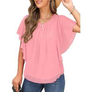 Utigh-Chemisiers Et Blouses Femme Manche Courte T Shirt D'été Décontracté À Manche Chauve-Souris Et Col Rond En Mousseline De Soie Pour Femme Haut Femme Mode - Neuf