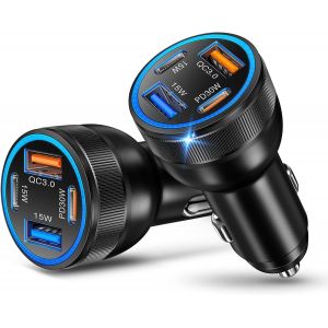 JGD-Lot de 2 chargeurs allume-cigare USB 65 W 4 ports PD&QC3.0 12 V Adaptateur USB C Chargeur rapide pour iPhone 17 16 15 Pro Max Samsung S25/24, iPad, Pixel, tablettes - Neuf