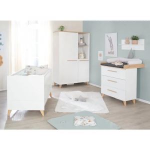 Chambre B&eacute;b&eacute; Compl&egrave;te Roba - Leon - Lit &Eacute;volutif 70x140 + Commode &Agrave; Langer + Armoire 2 Portes 2 Niches - Blanc - Ch&ecirc;ne - Neuf