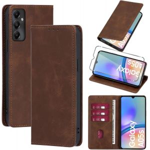 Kal-Coque Cuir Pour Samsung Galaxy A05s 6.7"" Avec 1 Verre Trempé Etui À Rabat En Pu Porte-Cartes Portefeuille Support Flip Housse Magnétique Antichoc Anti-Rayures Case,Marron - Neuf