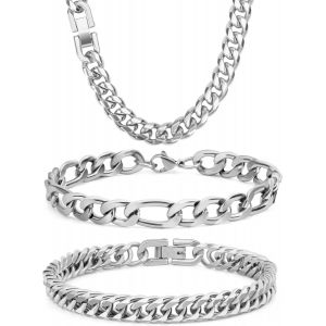 Trahoo-3 Pcs Bracelets Pour Homme, Chaîne Cubaine Figaro Bracelet Collier, Argent Or Noir Solide 316l Chaîne Cubaine Figaro Collier Hommes Bijoux Set Avec Carte Cadeau, 18/21 / 23 Cm - Neuf