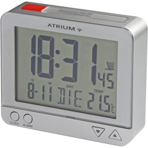 Atrium Réveil Radio-piloté numérique argenté avec capteur - Affichage de la Date et de la température - A760-19 - Neuf
