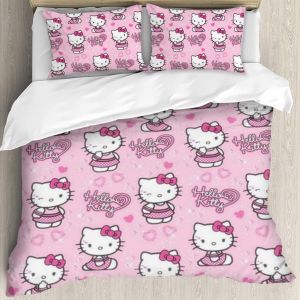 Parure De Lit 3 Pieces Hello Cat Kitty, Housse De Couette Ultra Douce, R&eacute;versible Et Respirante, Imprim&eacute;e En 3d, Motif Dessin Anime, Housse De Couette En Microfibre, Taies D'oreill - Neuf