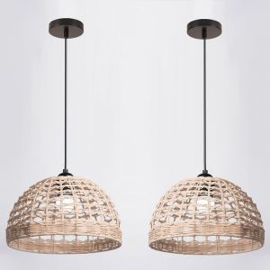 KAL-Lot De 2 Suspension Luminaire Rotin Vintage Boho E27 Lustre Rétro Abat-Jour En Métal Et Rotin Lampe À Suspension Pour Salon Cuisine Chambre, Ø28Cm - Neuf