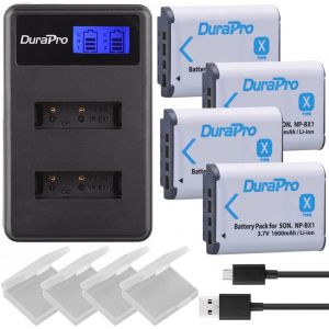 Pack of 4 NP-BX1 NP BX1 Battery + Dual USB LCD Charger for Sony NP-BX1 Battery Sony DSC-RX100 RX100 II DSC-WX500 HX300 WX300 HX400V WX300 WX350 HDR AS100V AS200V AS15 AS30V AS30V AS30V AS100V - Neuf