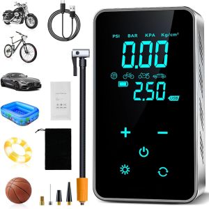 Compresseur à Air Portatif, 150PSI Gonfleur Electrique Pneus, Pompe a Velo Electrique, Compresseur d'air Électrique de Pompe à Air Sans Fil avec Écran Tactile/Éclairage pour Moto Vélo Auto - Neuf