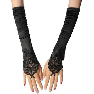 Gants Noirs Longs, Accessoires Ann&eacute;es 1920, Gants Sans Doigts Pour Femme, Accessoires Ann&eacute;es Folles, Gants Classiques En Satin Jusqu'au Coude (S12) - Neuf