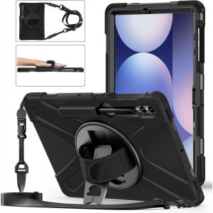 NAERYUT-Coque Antichoc Pour Samsung Galaxy Tab S10+ Plus 2024/S9 Plus 2023/S9 Fe Plus 12.4"",Étui Armure Robuste Avec Support Rotatif,Dragonne Et Bandoulière,Porte-Stylet,Housse Pour Tab S10+,Noir - Neuf
