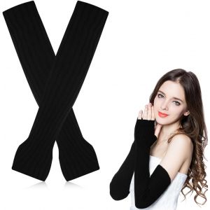 Long Fingerless Gloves, Long Fingerless Gloves Arm Warmers Knitted With Thumb Hole, Stretchy Knitted Winter Mittens For Women And Girls For Office, School And Use, Black, S - Neuf