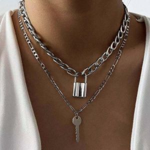 Kales-Chaîne Punk Cubaine Collier Ras Du Cou Argenté Colliers À Cadenas Pendentifs Colliers À Clés Chaîne Plate À Maillons Épais Chaîne Multicouche Collier Bijoux Pour Femmes Et Filles - Neuf