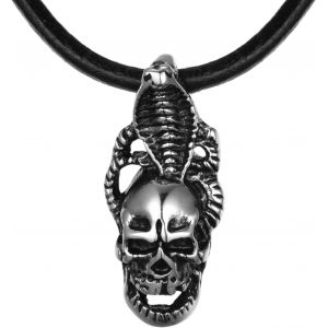 Kal-Collier Homme Cuir 50 Cm Pendentif T&ecirc;te De Mort Cr&acirc;ne Acier Inoxydable Dans Petit Sac &Agrave; Bijou - Neuf