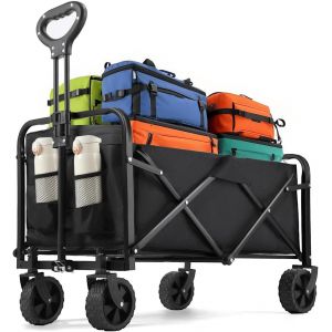 NouvelHorizonstore-Chariot de Plage Pliable 120L (120KG), Chariot &agrave; roulettes 360&deg; + 2 Porte-Gobelets, Pneus 12cm, Dimensions 70x43x72cm, pour Camping & Shopping, Jardin (Noir) - Neuf