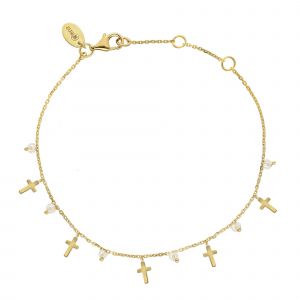 Bracelet Argent Dor&eacute; Motif Croix Et Pierre De Lune Blanche - Neuf