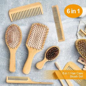 Ensemble De Brosses &Agrave; Cheveux En Bambou 6 En 1 Pour Hommes Et Femmes - &Eacute;cologique, Antistatique, Avec Peignes &Agrave; Queue Et De Massage - Neuf
