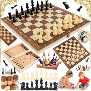 Ytseazn-Échiquier 3 En 1,Jeu D'échecs En Bois 3 En 1,Pliable Portable Ensemble D'échiquier,Échecs De Voyage,Échiquier Pour Enfants,Pour Les Réunions De Famille Et Les Voyages(11,4 X 11,4 Pouces) - Neuf