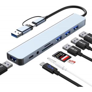 8 en 1 Hub USB C, Adaptateur USB C avec 4 Ports USB, Lecteur de Cartes SD/TF, Prise Casque 3,5 mm, Port de donn&eacute;es USB C, Compatible avec MacBook Pro/Air/tablettes/Smartphones et Plus Encore - Neuf