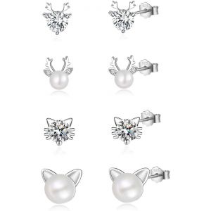 Cmjaagur-4 Paires Boucles D'oreilles Argent 925 Pour Femme Fille Boucles D'oreilles Femme Perle Clous D'oreilles Argent Boucles D Oreilles Femme Chat Diamant Boucles D'oreilles Argent Cerf Z[M1948] - Neuf