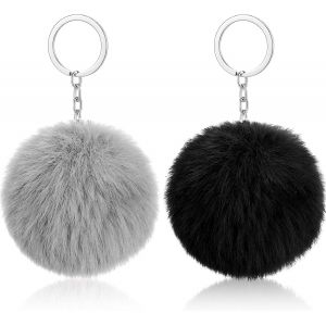 Lot de 2 porte-clés à pompons en peluche douce pour filles et femmes (gris, noir) - Neuf