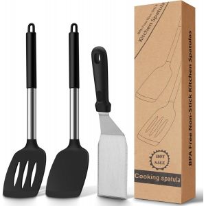 Kal-Lot De 3 Spatules En Silicone Et Inox Pour Cuisine - Set Avec Spatule, Écumoire Et Pelle À 3 Côtés - Résistant À La Chaleur, Sans Bpa, Pour Plancha, Pâtisserie Et Ustensiles De Cuisine - Neuf