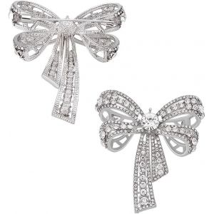 Kjdal-2pcs Broches Noeud Strass Broche Noeud Cristal Broche Vintage Ruban Noeud &Eacute;pingles &Agrave; Revers Broches Noeud Scintillantes Pour Cadeaux Femmes V&ecirc;tements Mariage D&eacute;coration Sac &Agrave; Dos Platine - Neuf